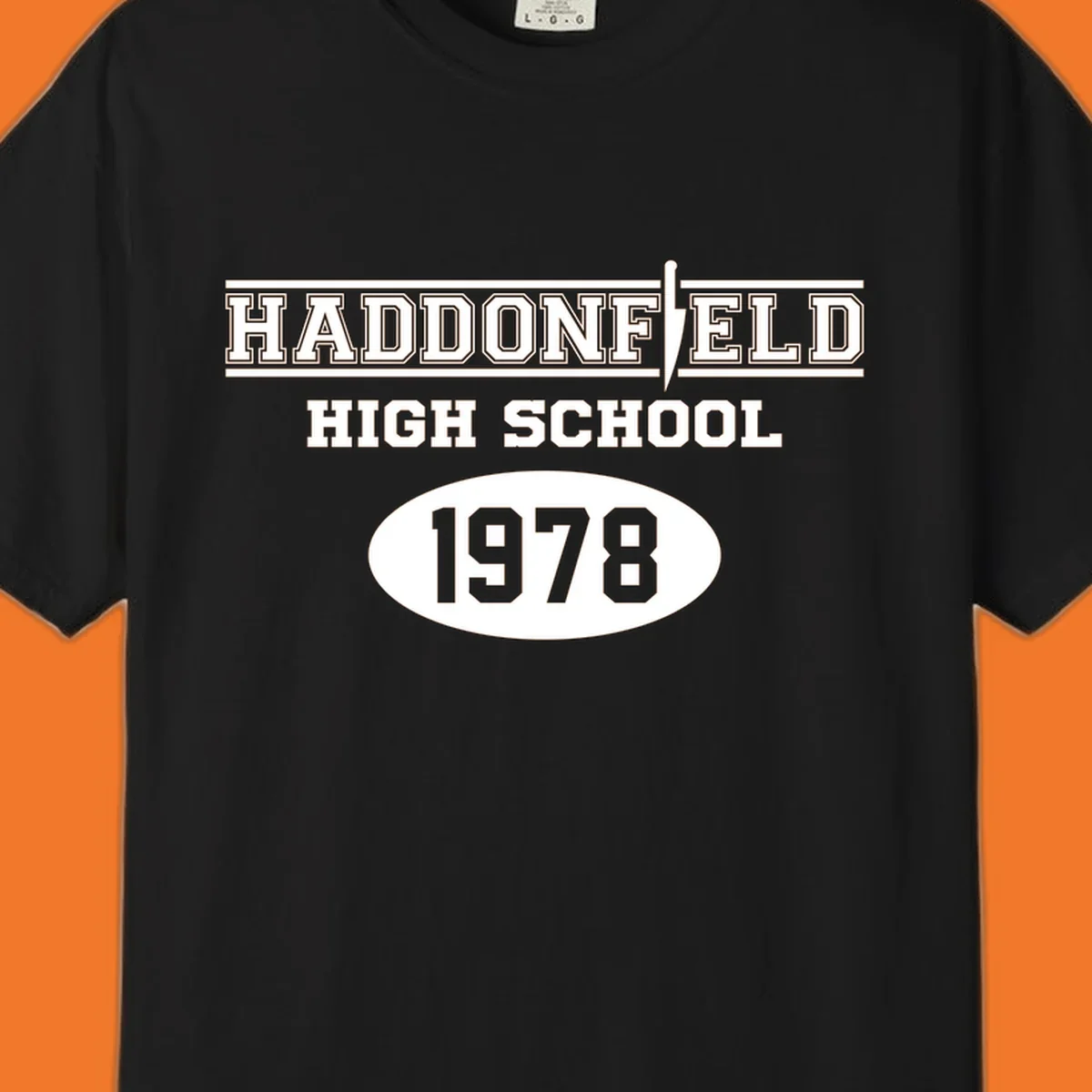 Haddonfield High School 1978 reunion design with text and a knife graphic.