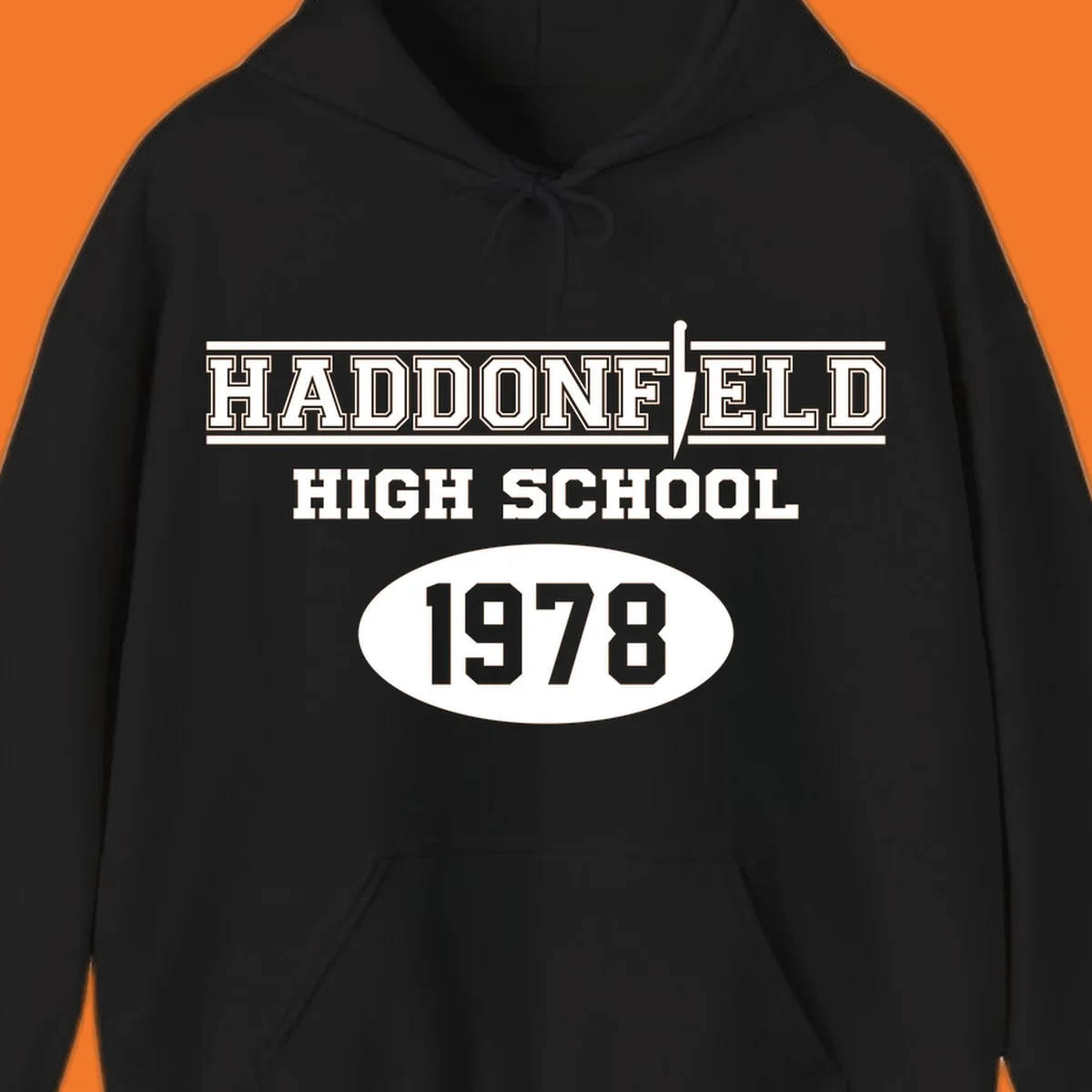 Haddonfield High School 1978 reunion design with text and a knife graphic.