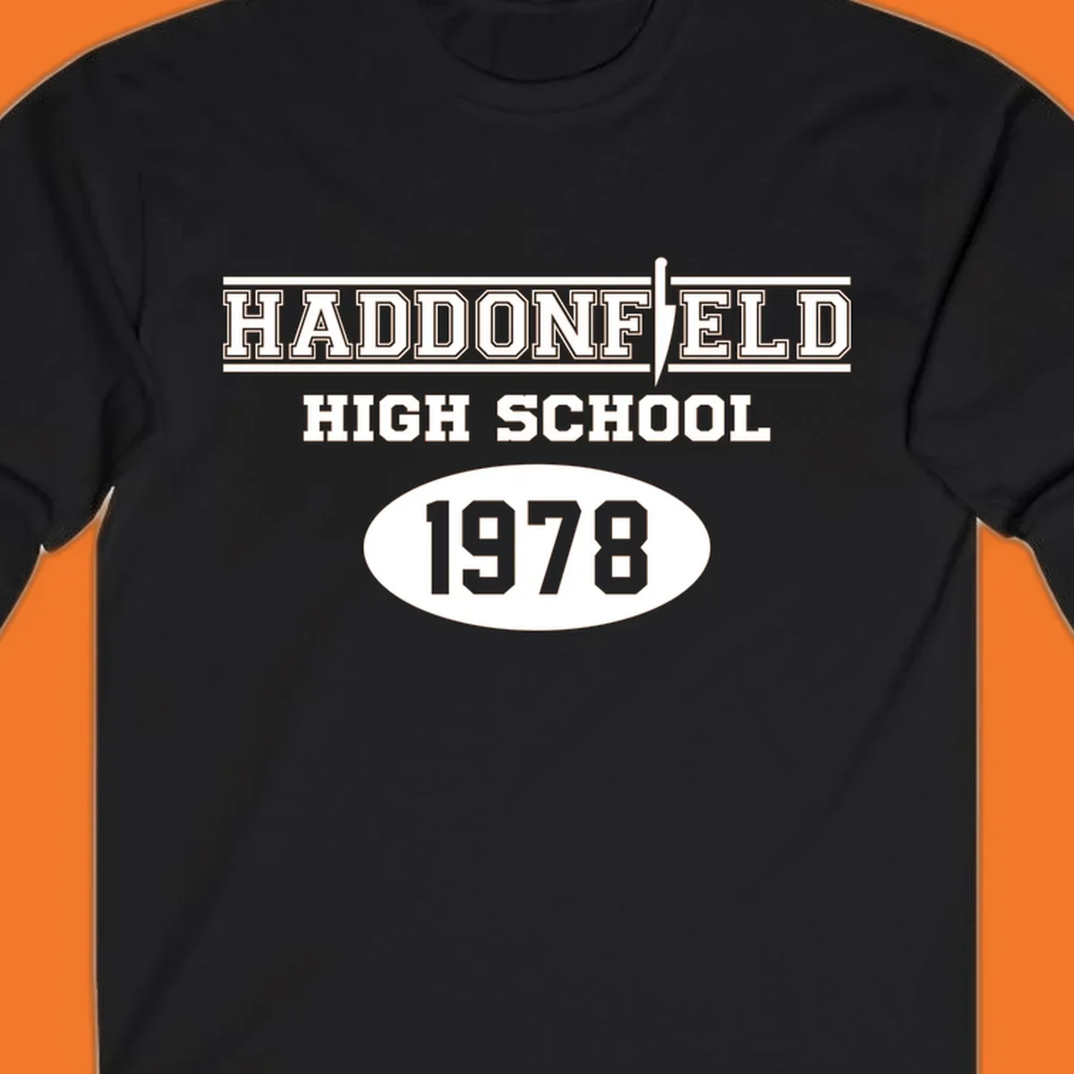 Haddonfield High School 1978 reunion design with text and a knife graphic.