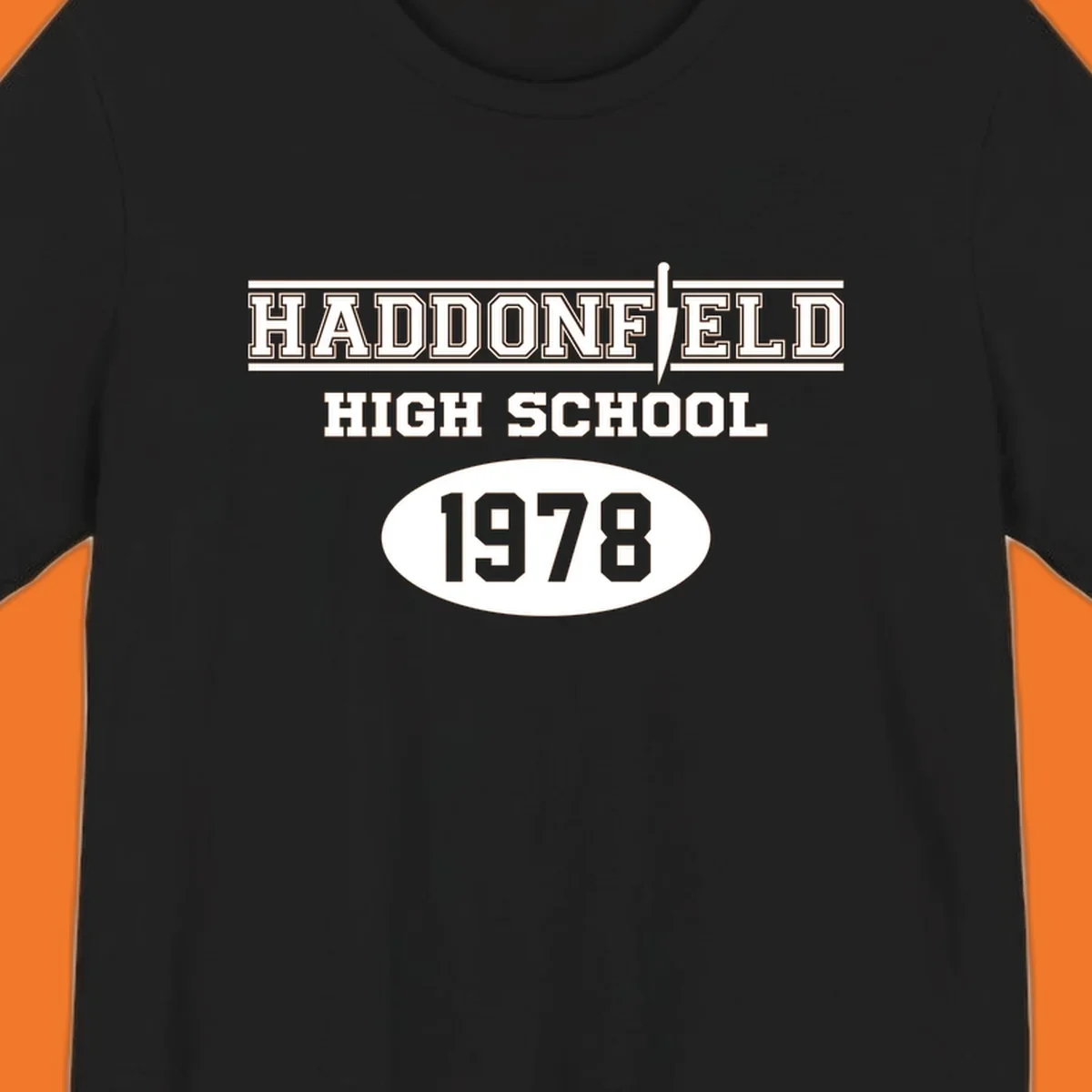 Haddonfield High School 1978 reunion design with text and a knife graphic.