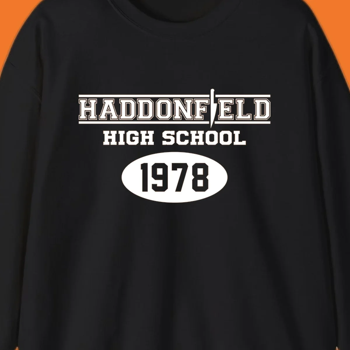 Haddonfield High School 1978 reunion design with text and a knife graphic.
