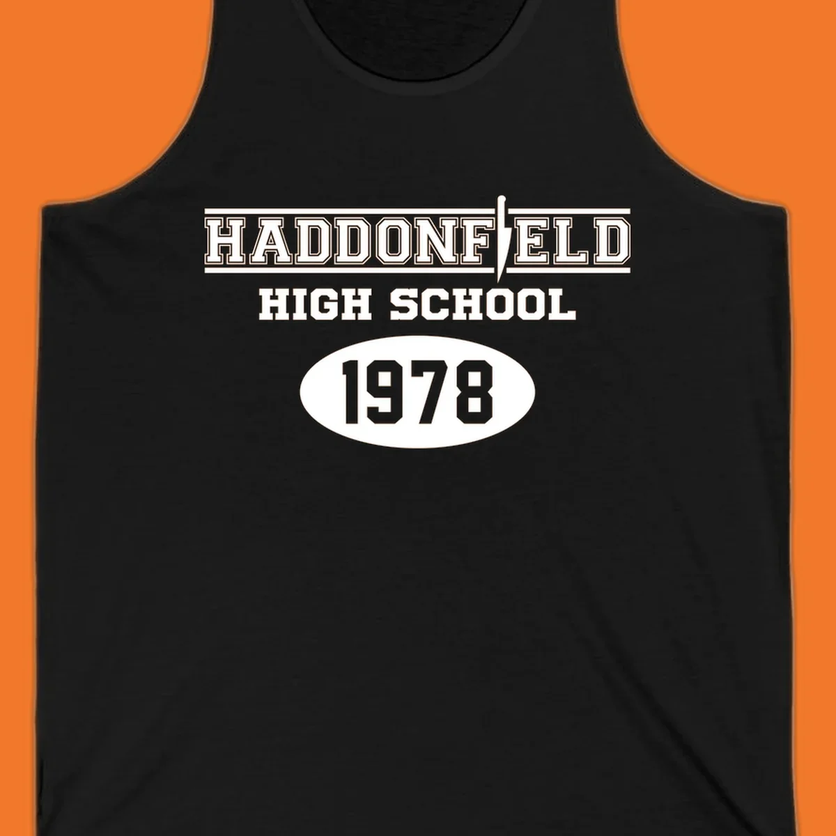 Haddonfield High School 1978 reunion design with text and a knife graphic.