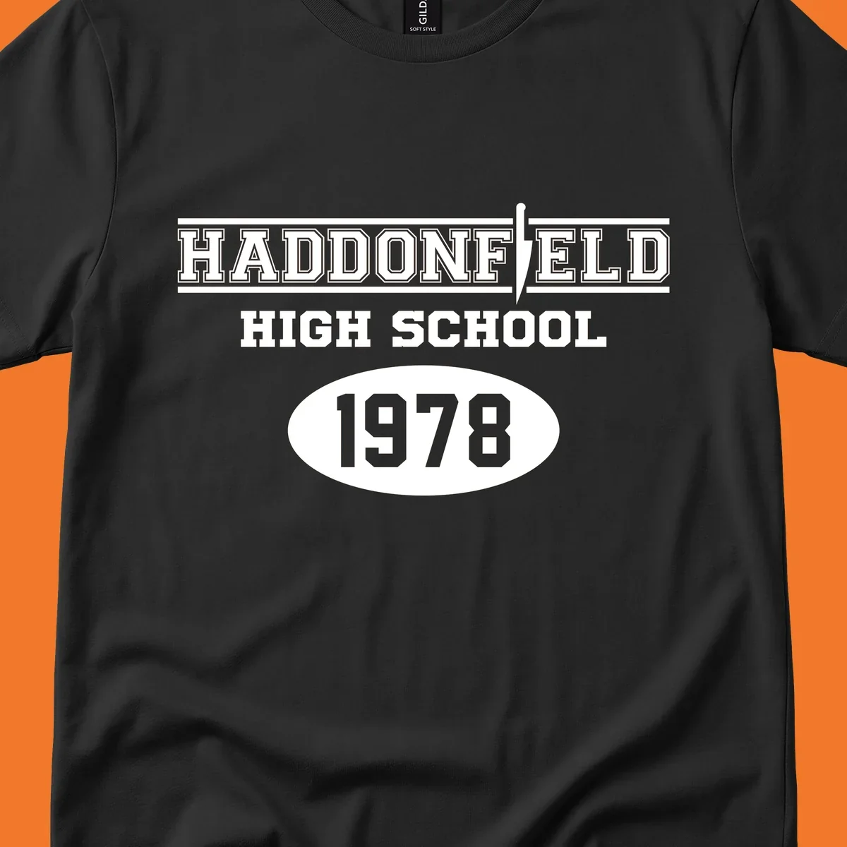 Haddonfield High School 1978 reunion design with text and a knife graphic.