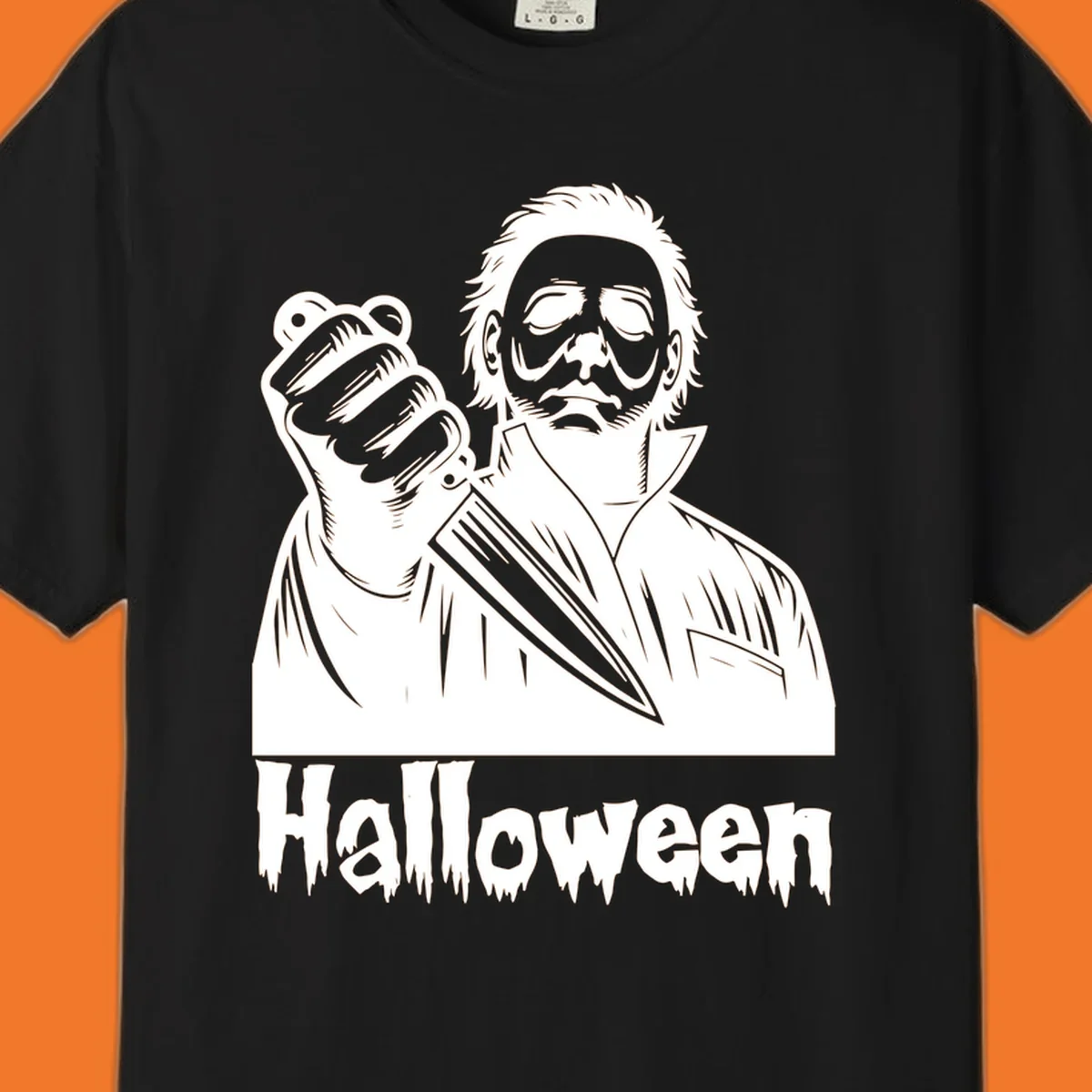 Michael Myers holding a knife with the word Halloween below - michael myers halloween