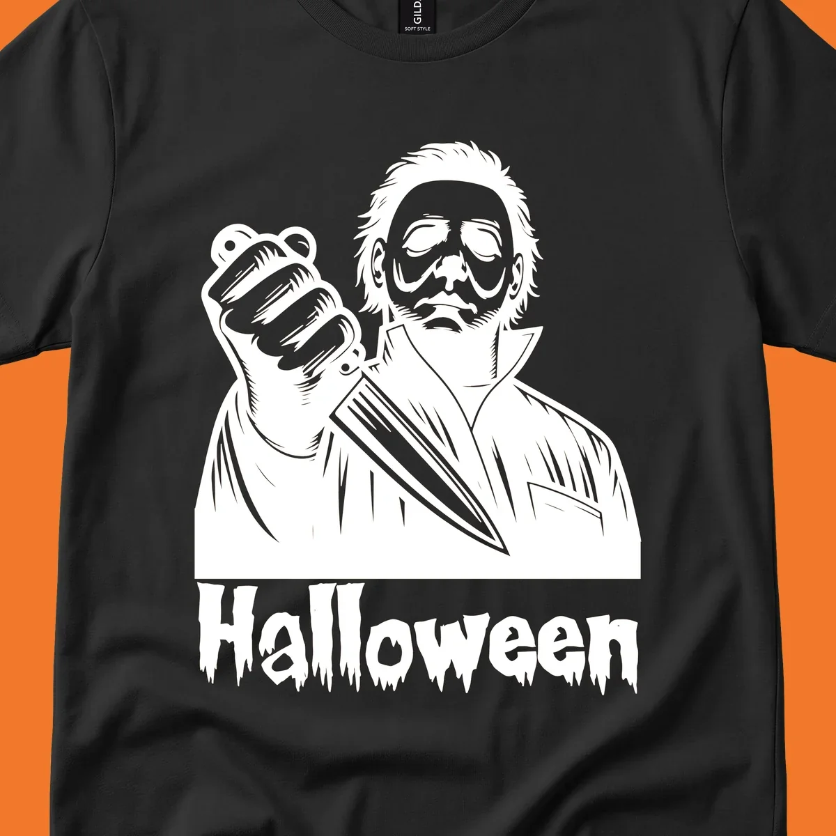 Michael Myers holding a knife with the word Halloween below - michael myers halloween