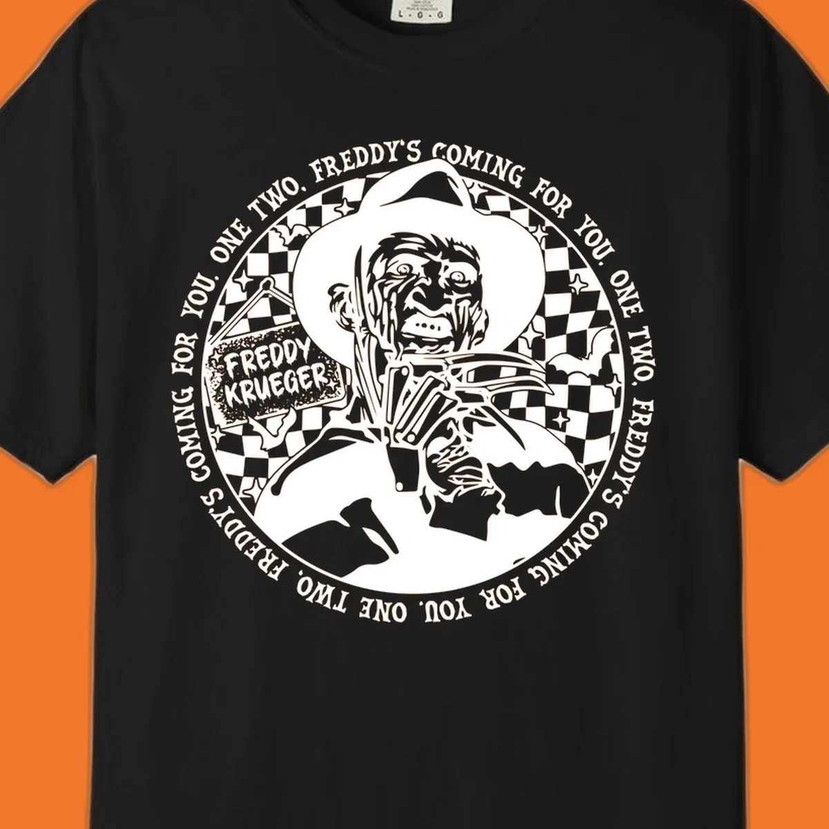 Freddy Krueger rhyme design with text 'One two, Freddy's coming for you.'