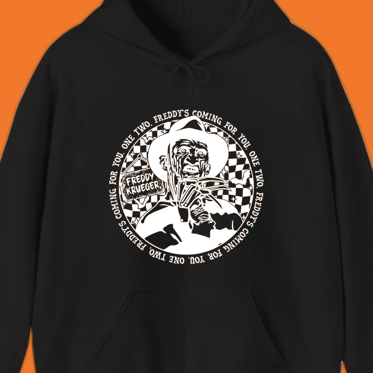 Freddy Krueger rhyme design with text 'One two, Freddy's coming for you.'