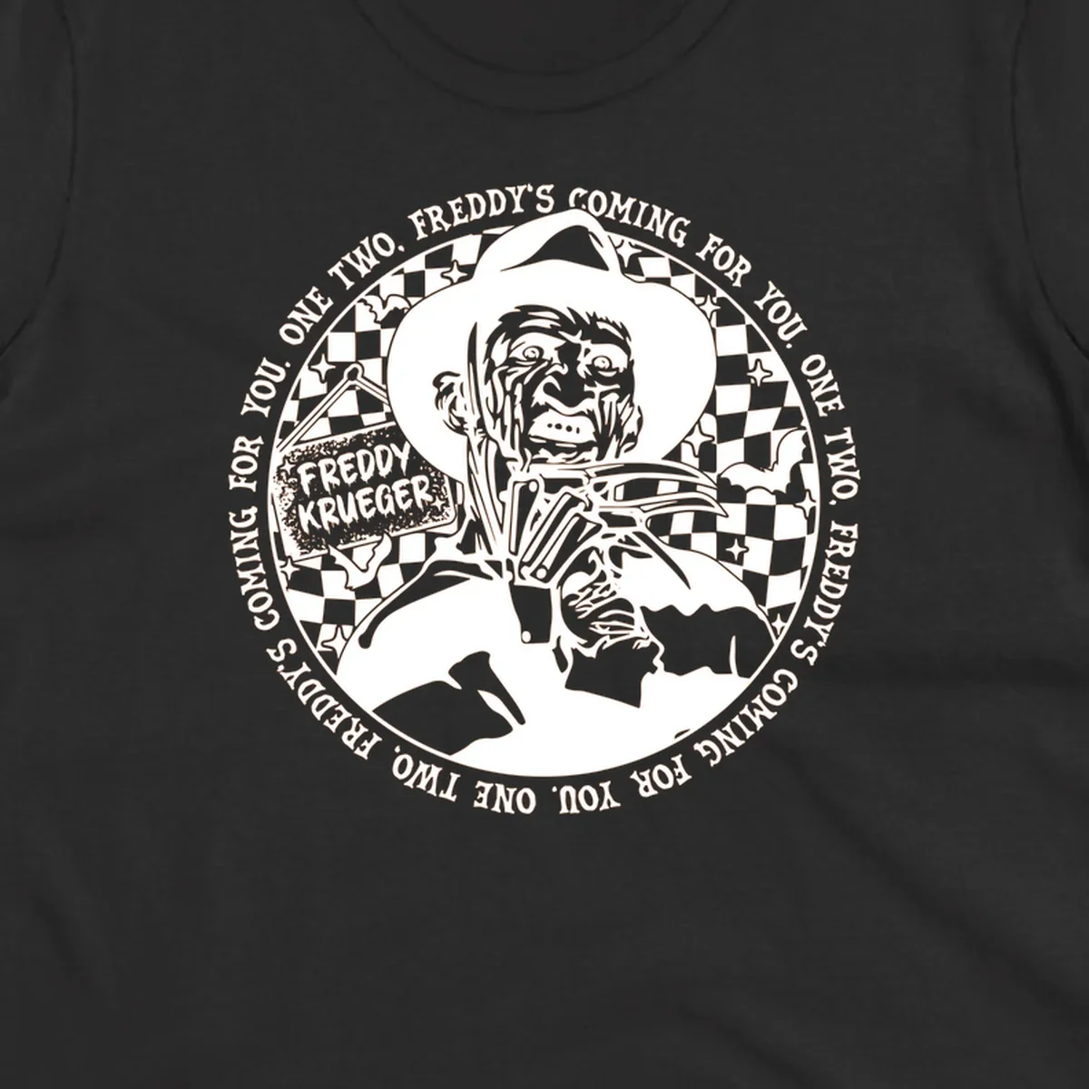 Freddy Krueger rhyme design with text 'One two, Freddy's coming for you.'