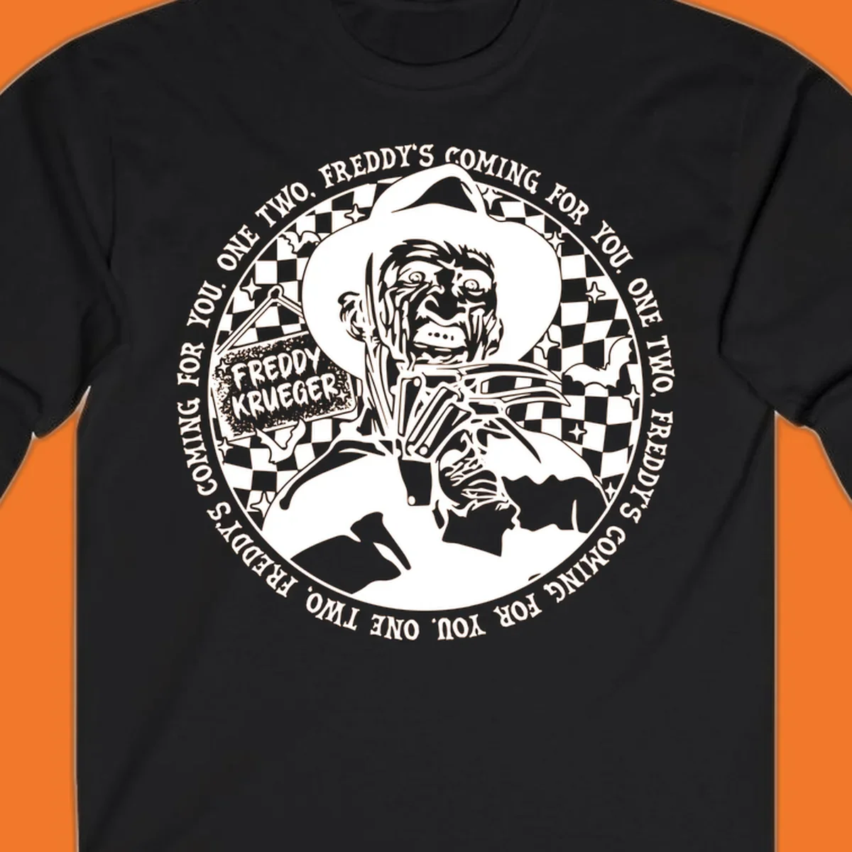 Freddy Krueger rhyme design with text 'One two, Freddy's coming for you.'