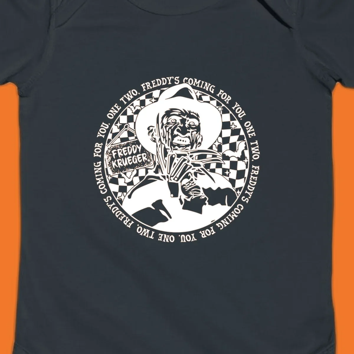 Freddy Krueger rhyme design with text 'One two, Freddy's coming for you.'