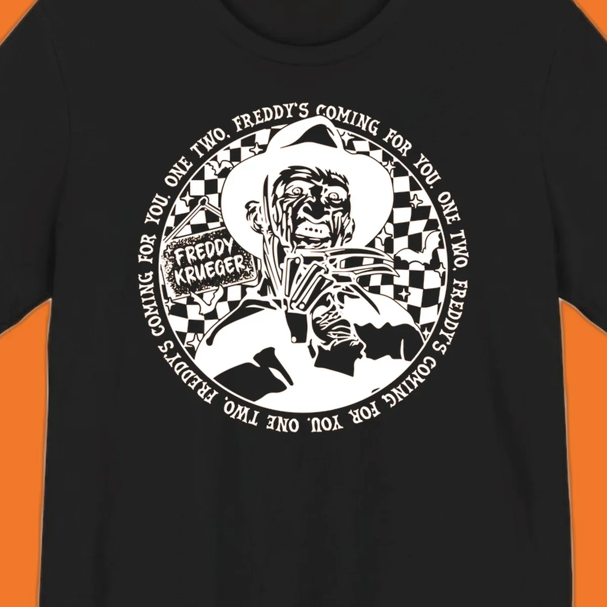 Freddy Krueger rhyme design with text 'One two, Freddy's coming for you.'
