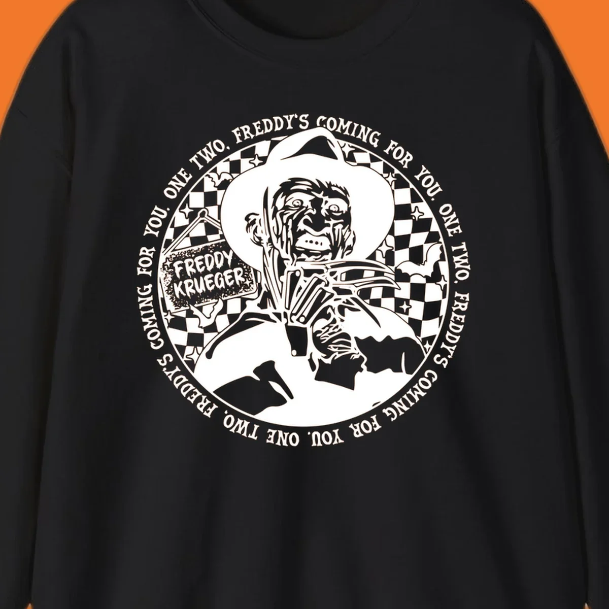 Freddy Krueger rhyme design with text 'One two, Freddy's coming for you.'