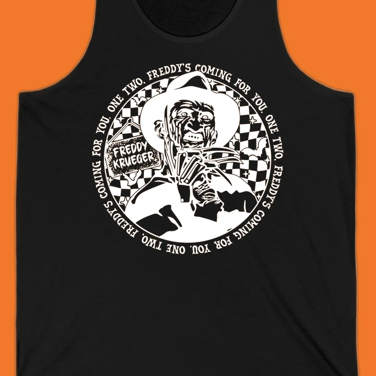 Freddy Krueger rhyme design with text 'One two, Freddy's coming for you.'