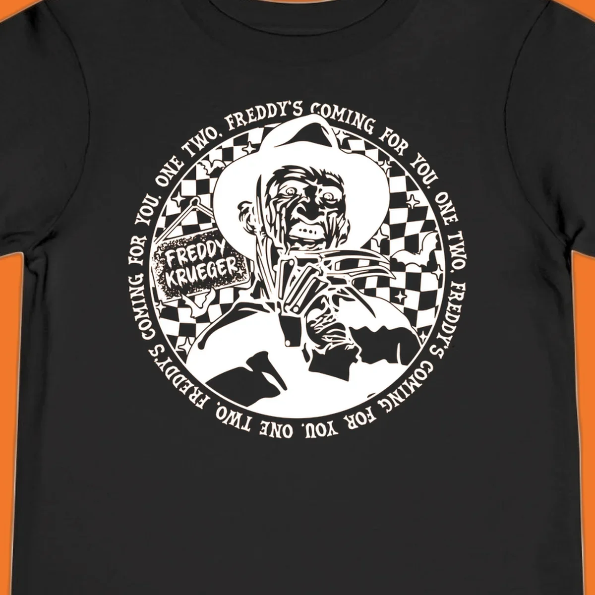 Freddy Krueger rhyme design with text 'One two, Freddy's coming for you.'