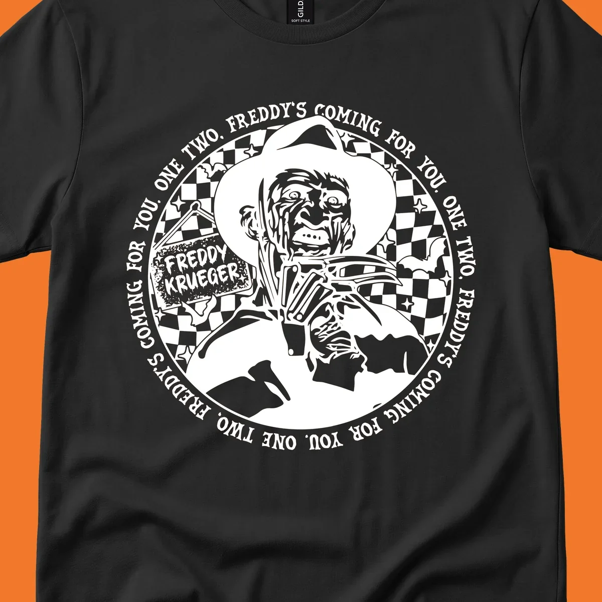 Freddy Krueger rhyme design with text 'One two, Freddy's coming for you.'