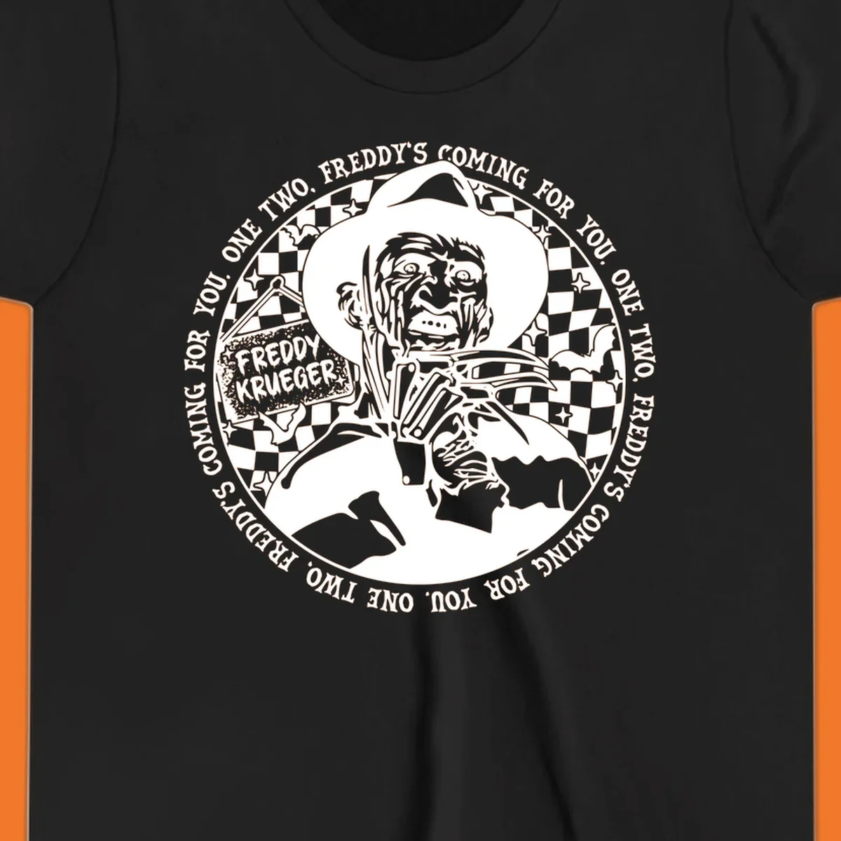 Freddy Krueger rhyme design with text 'One two, Freddy's coming for you.'