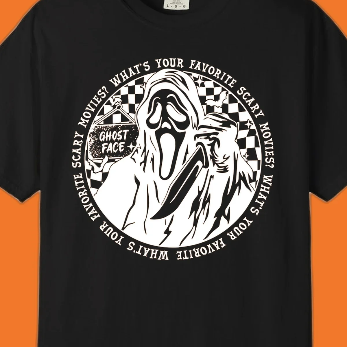 Ghost Face killer artwork with text asking 'What's your favorite scary movies?'