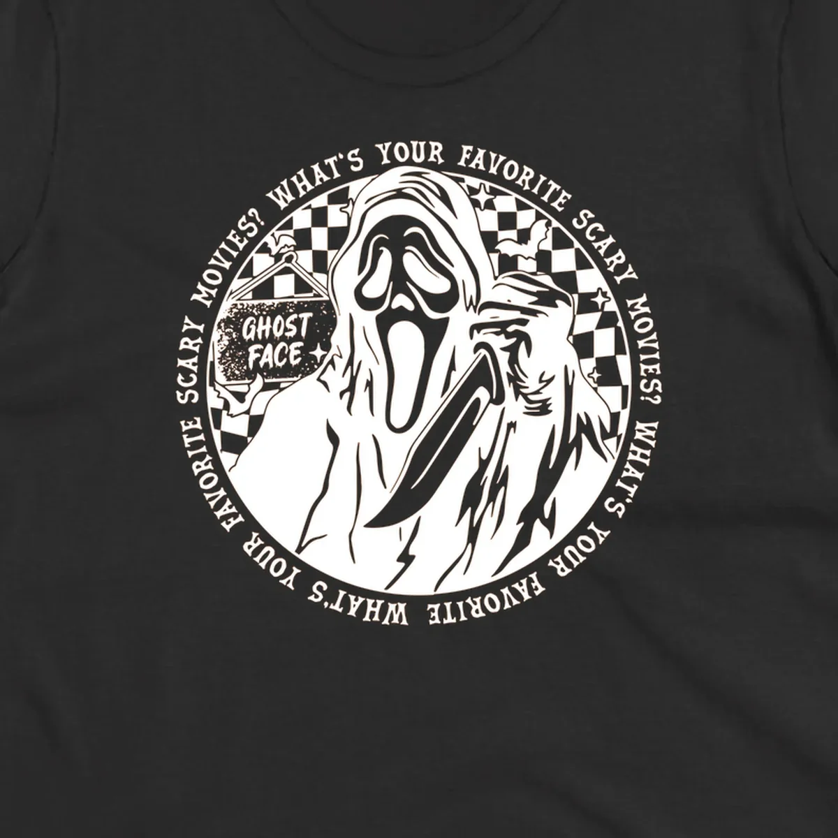 Ghost Face killer artwork with text asking 'What's your favorite scary movies?'