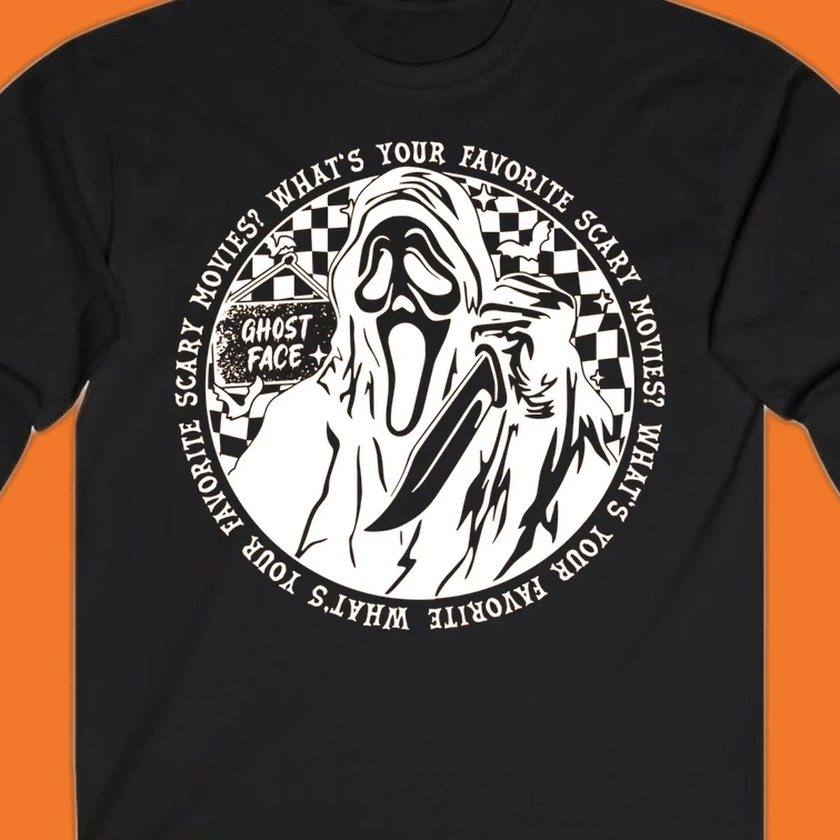 Ghost Face killer artwork with text asking 'What's your favorite scary movies?'