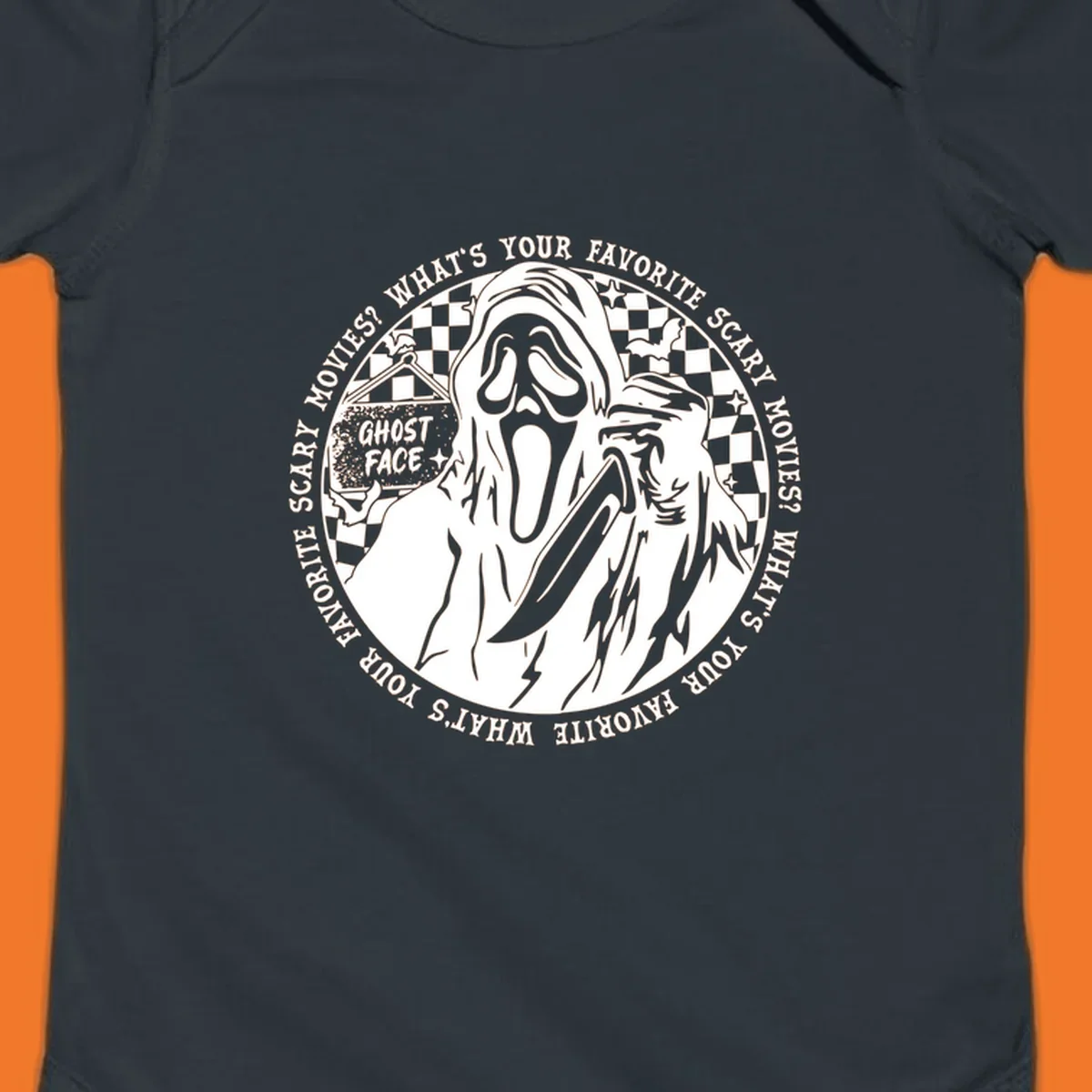 Ghost Face killer artwork with text asking 'What's your favorite scary movies?'
