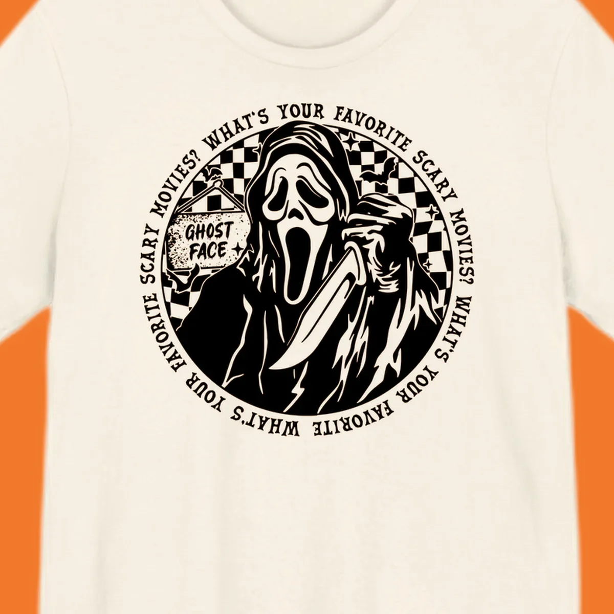 Ghost Face killer artwork with text asking 'What's your favorite scary movies?'