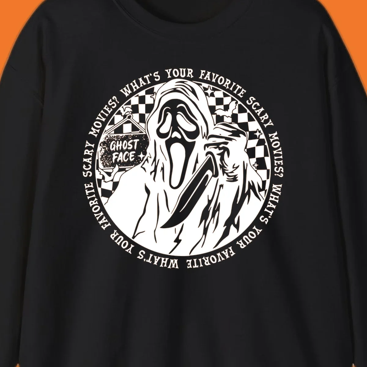 Ghost Face killer artwork with text asking 'What's your favorite scary movies?'