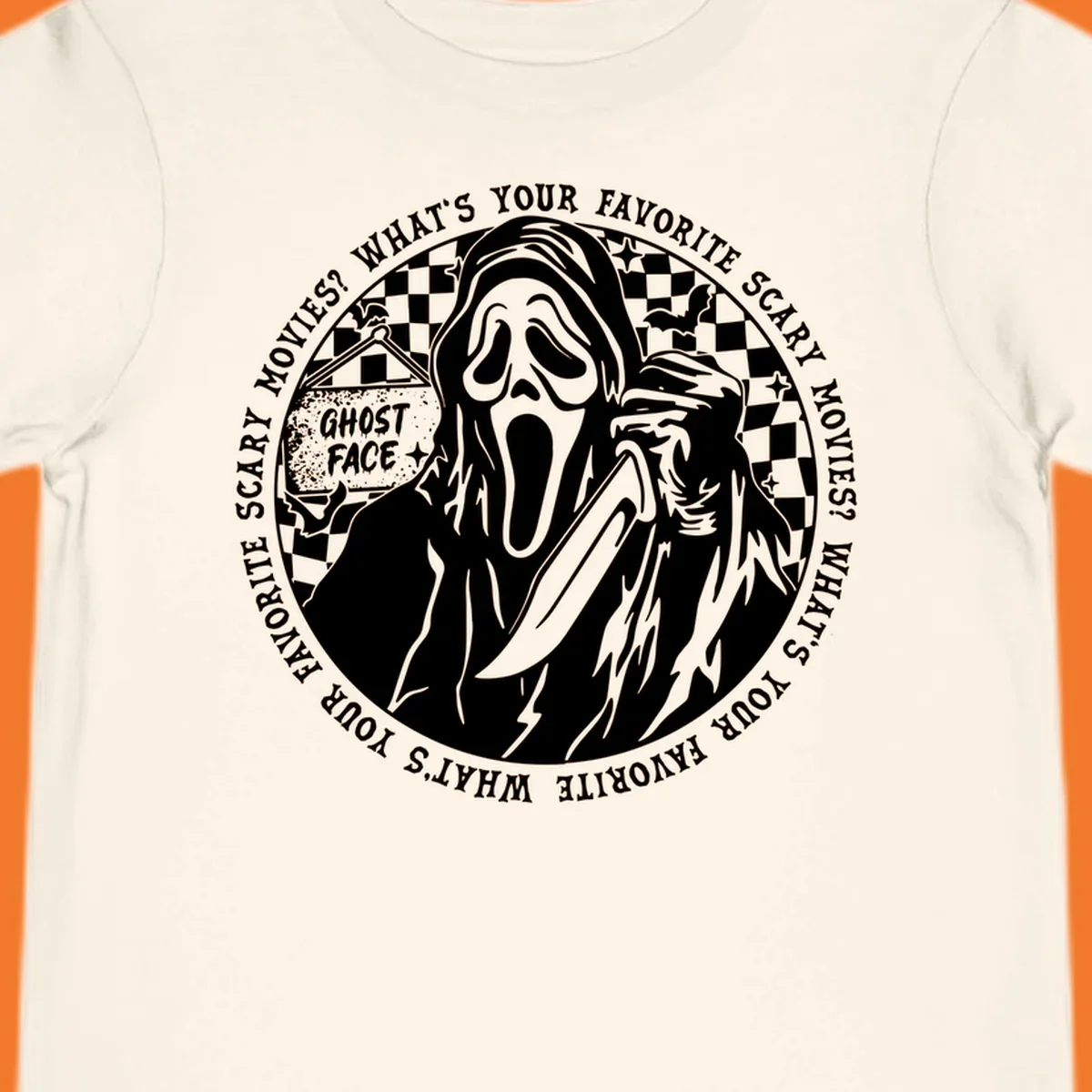 Ghost Face killer artwork with text asking 'What's your favorite scary movies?'