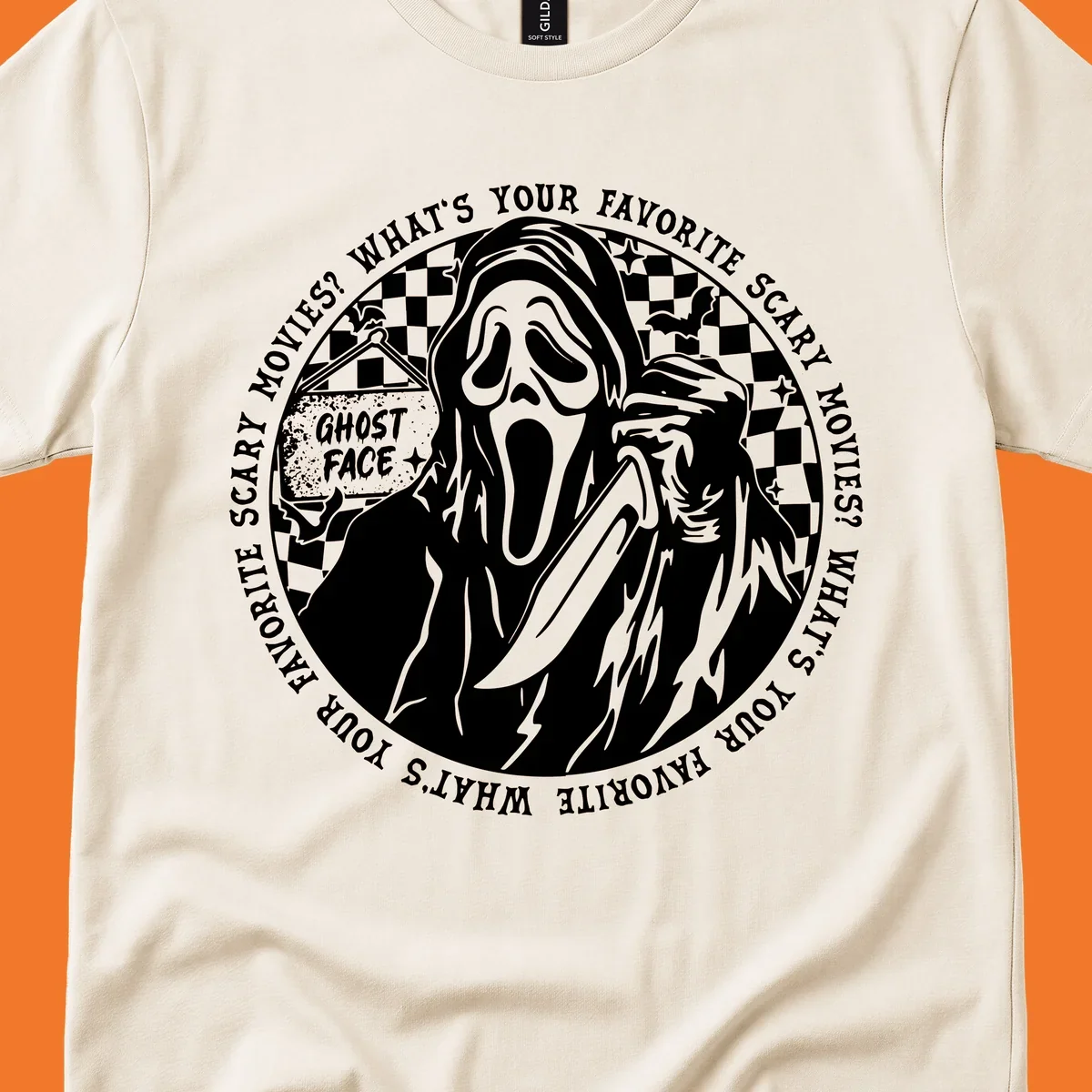 Ghost Face killer artwork with text asking 'What's your favorite scary movies?'