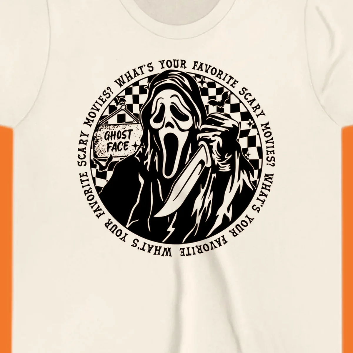 Ghost Face killer artwork with text asking 'What's your favorite scary movies?'