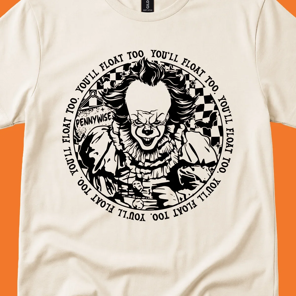 Pennywise the clown design with 'You'll Float Too' text, for horror fans.