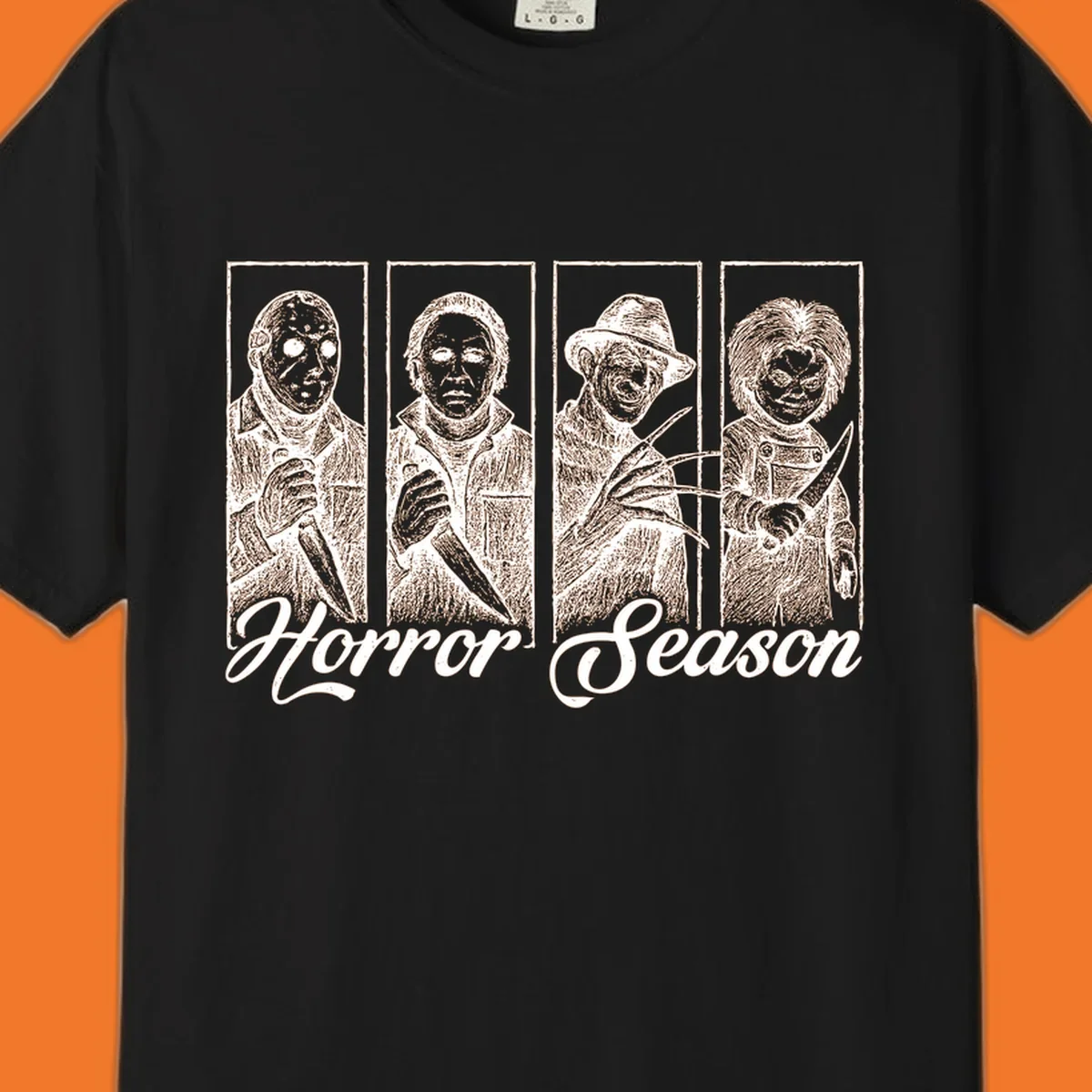 Classic horror villains Jason, Michael, Freddy, and Chucky with 'Horror Season' text.