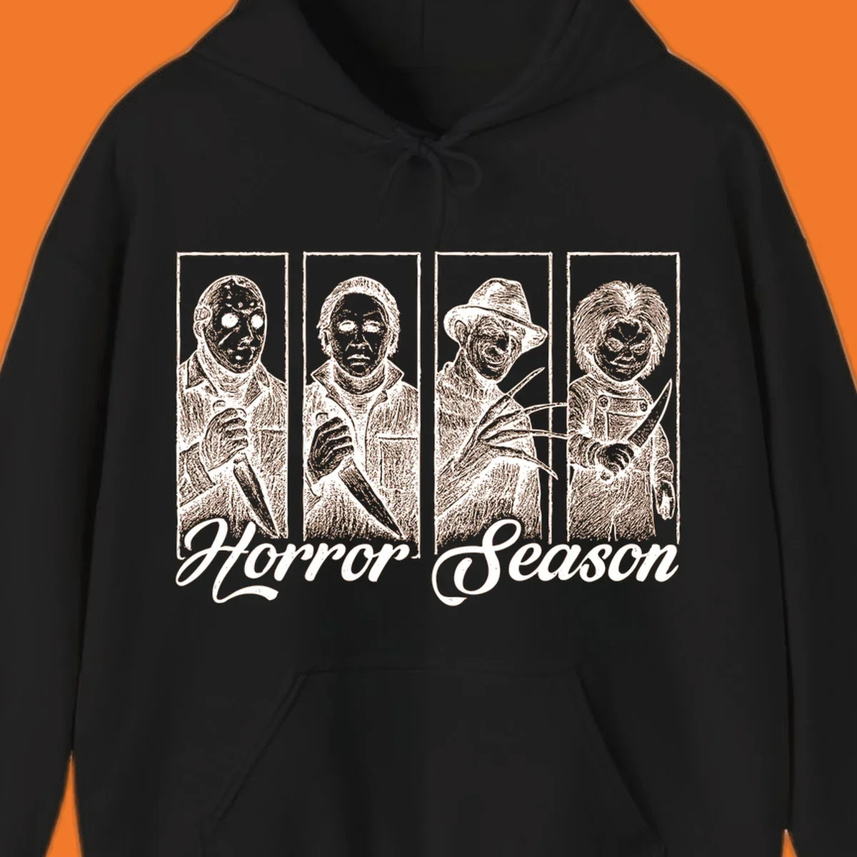 Classic horror villains Jason, Michael, Freddy, and Chucky with 'Horror Season' text.