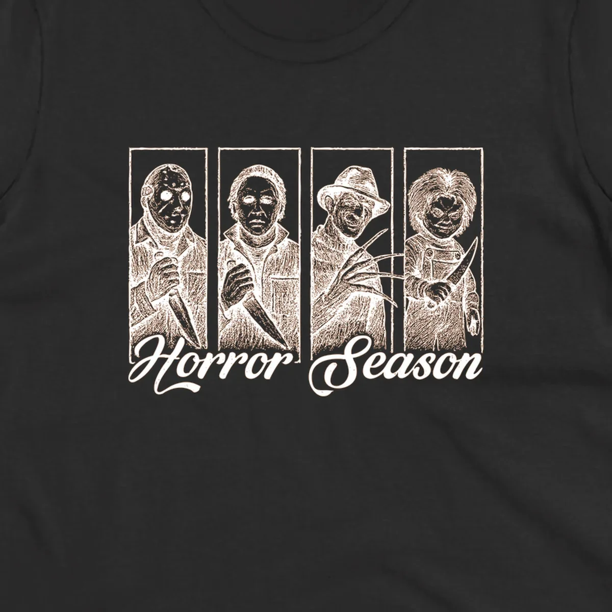 Classic horror villains Jason, Michael, Freddy, and Chucky with 'Horror Season' text.