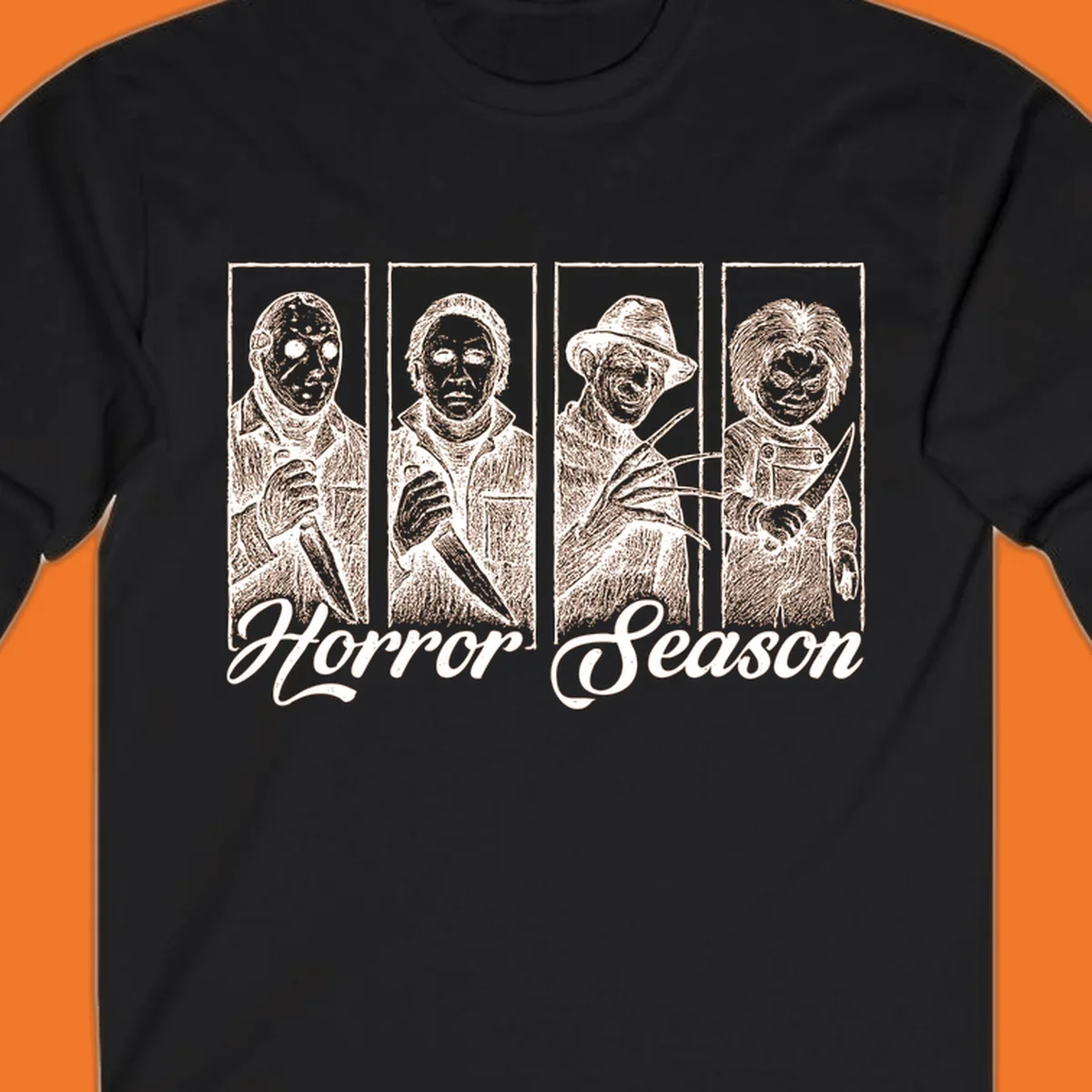 Classic horror villains Jason, Michael, Freddy, and Chucky with 'Horror Season' text.
