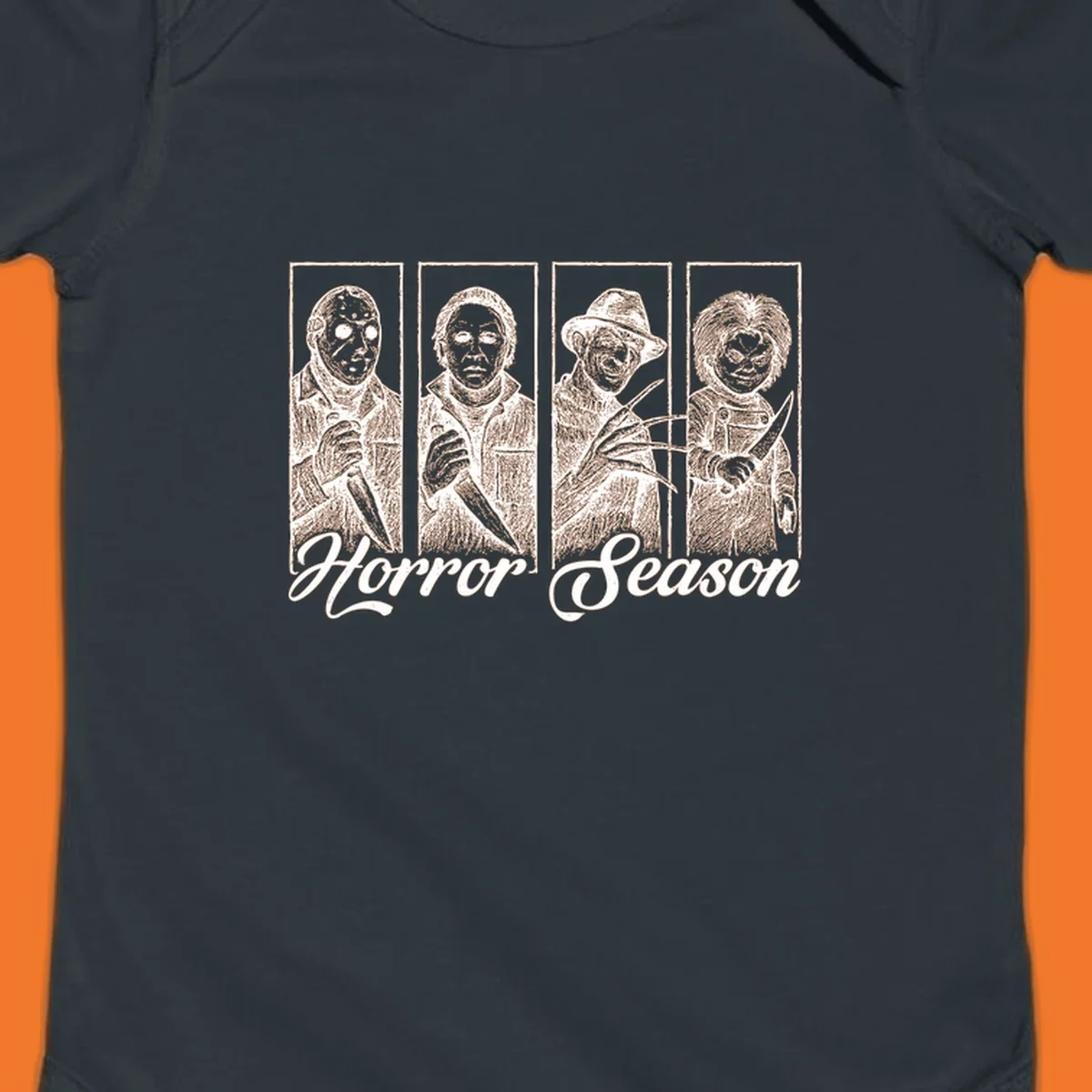 Classic horror villains Jason, Michael, Freddy, and Chucky with 'Horror Season' text.
