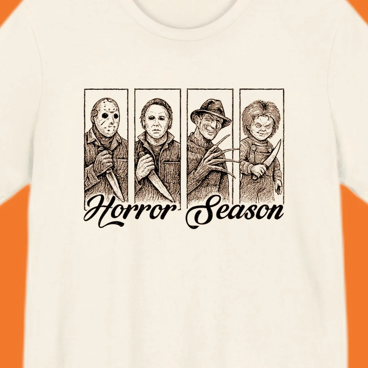 Classic horror villains Jason, Michael, Freddy, and Chucky with 'Horror Season' text.