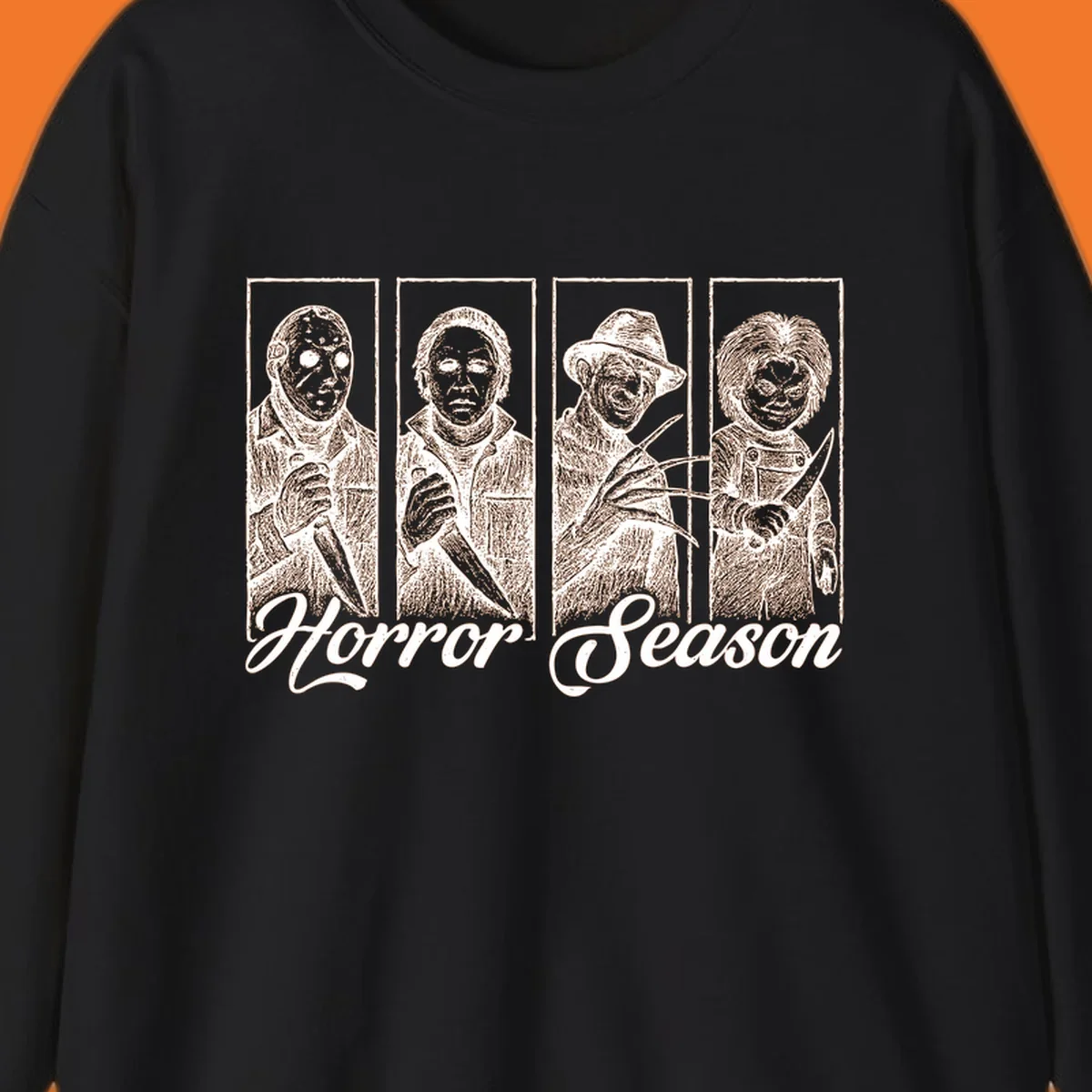 Classic horror villains Jason, Michael, Freddy, and Chucky with 'Horror Season' text.