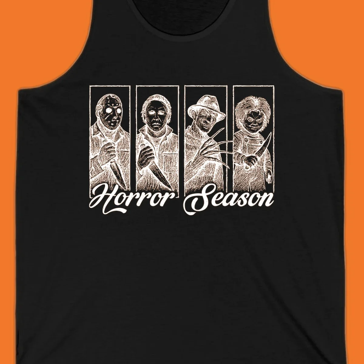 Classic horror villains Jason, Michael, Freddy, and Chucky with 'Horror Season' text.