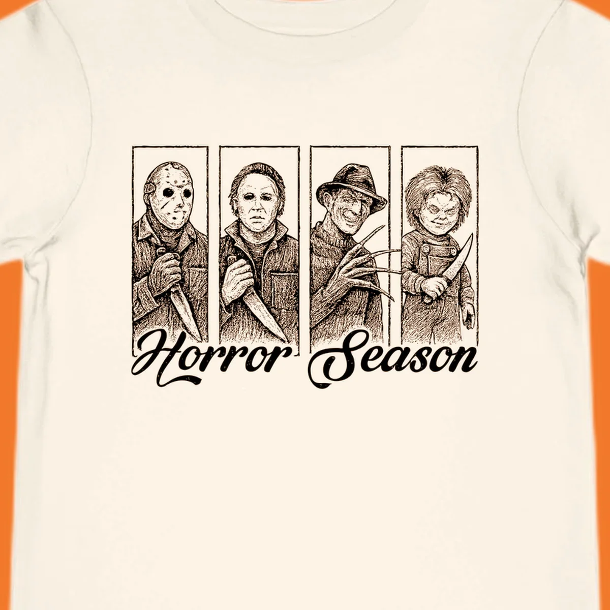 Classic horror villains Jason, Michael, Freddy, and Chucky with 'Horror Season' text.
