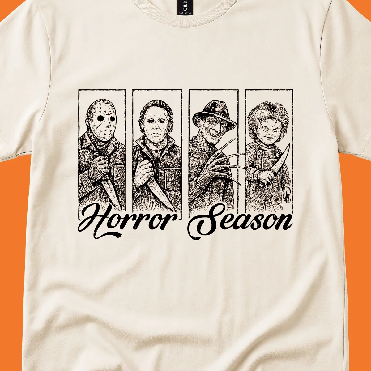 Classic horror villains Jason, Michael, Freddy, and Chucky with 'Horror Season' text.
