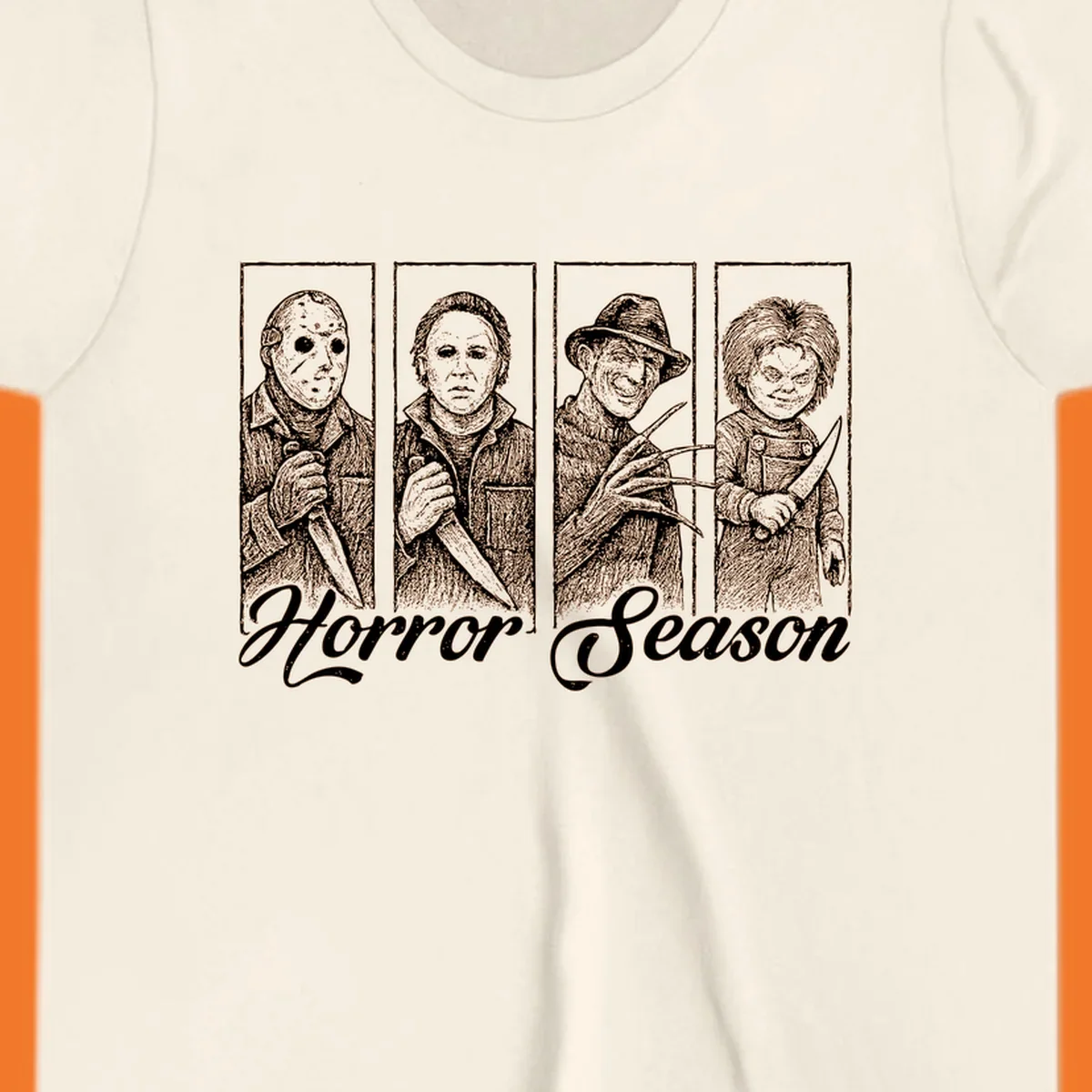 Classic horror villains Jason, Michael, Freddy, and Chucky with 'Horror Season' text.