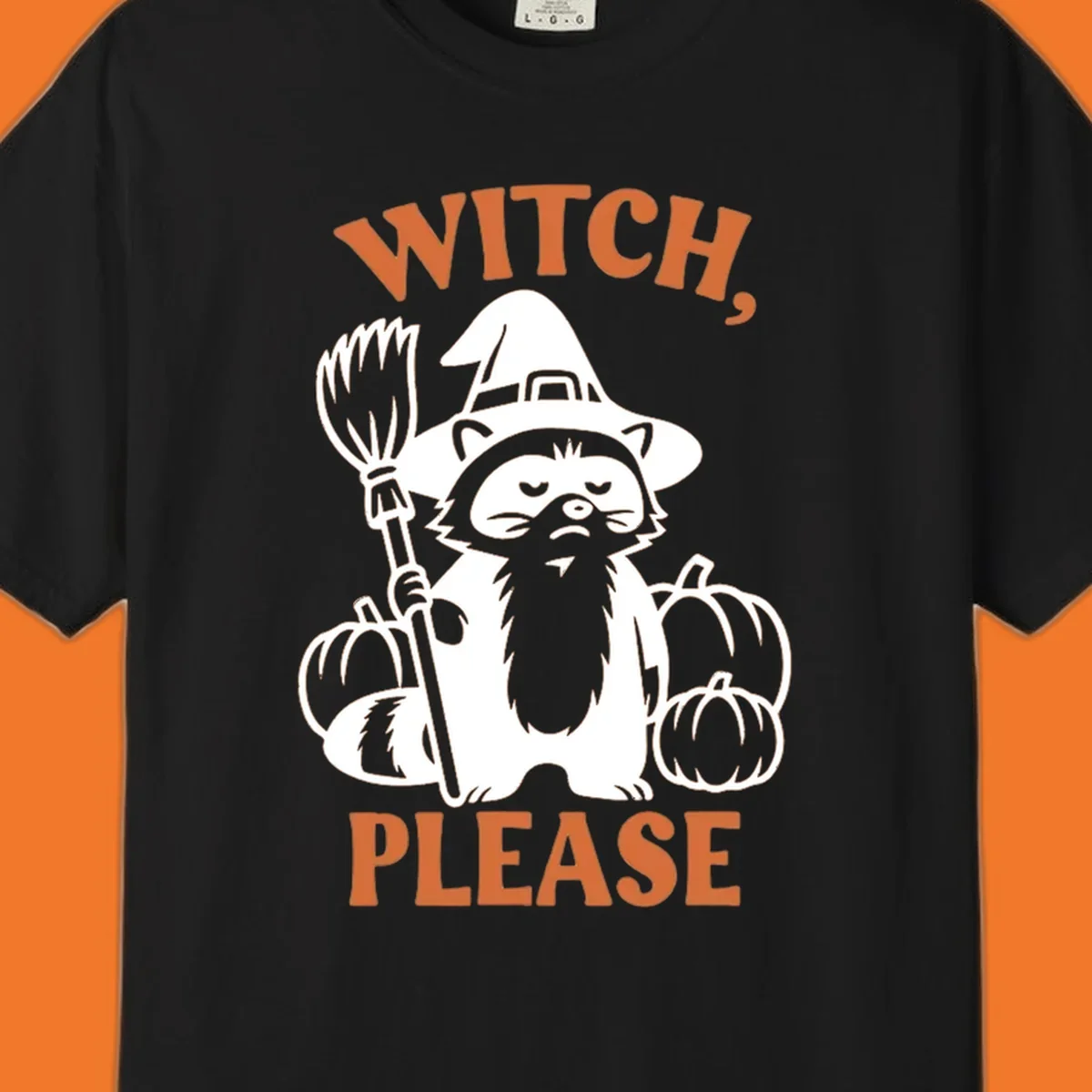 Witch, Please Raccoon Halloween design with a grumpy raccoon witch, broom, and pumpkins.