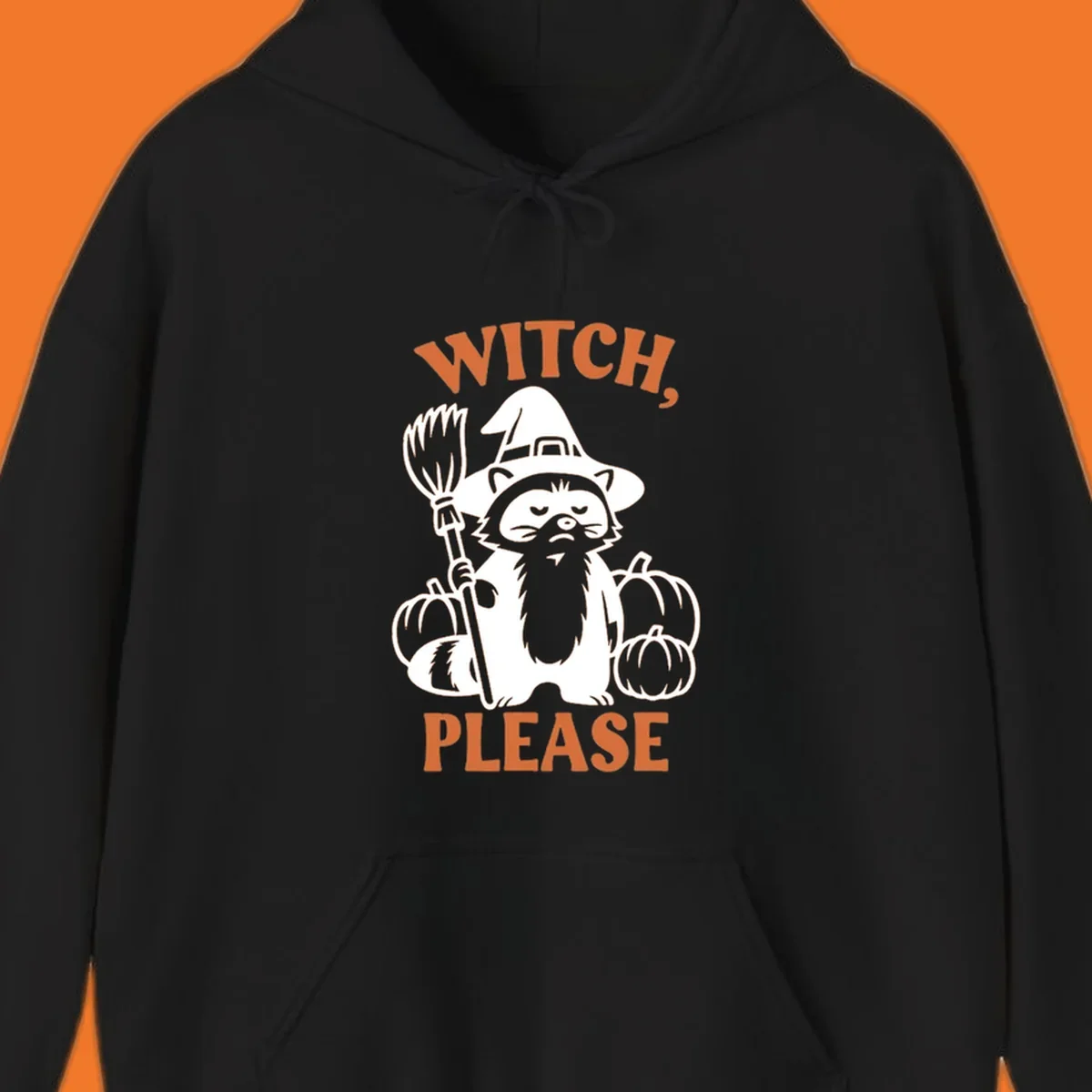 Witch, Please Raccoon Halloween design with a grumpy raccoon witch, broom, and pumpkins.