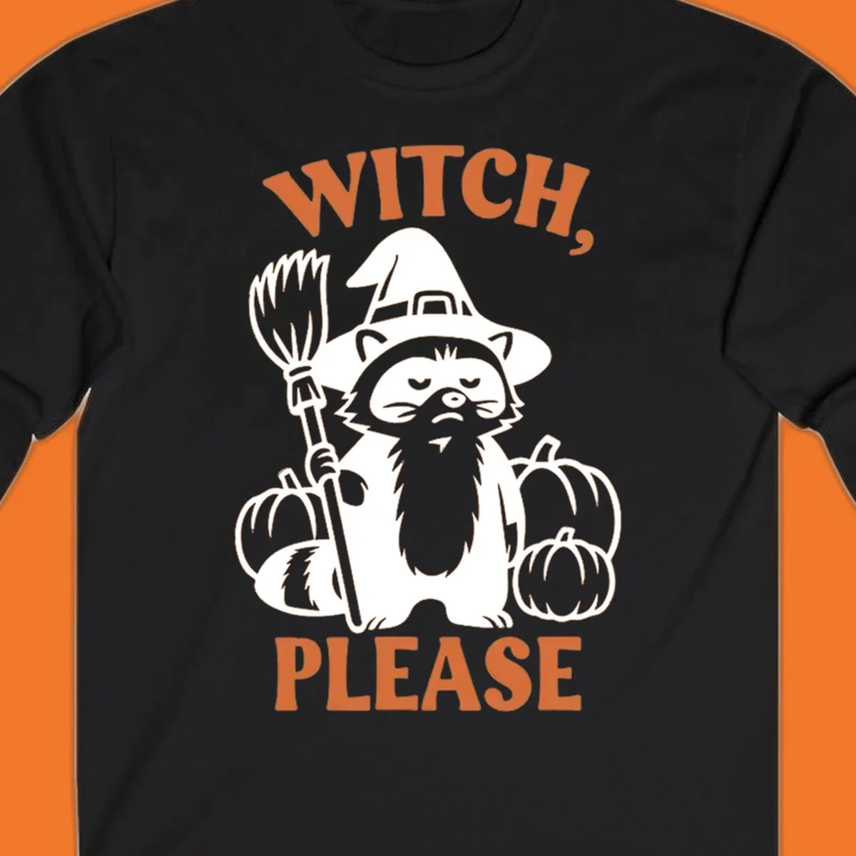 Witch, Please Raccoon Halloween design with a grumpy raccoon witch, broom, and pumpkins.