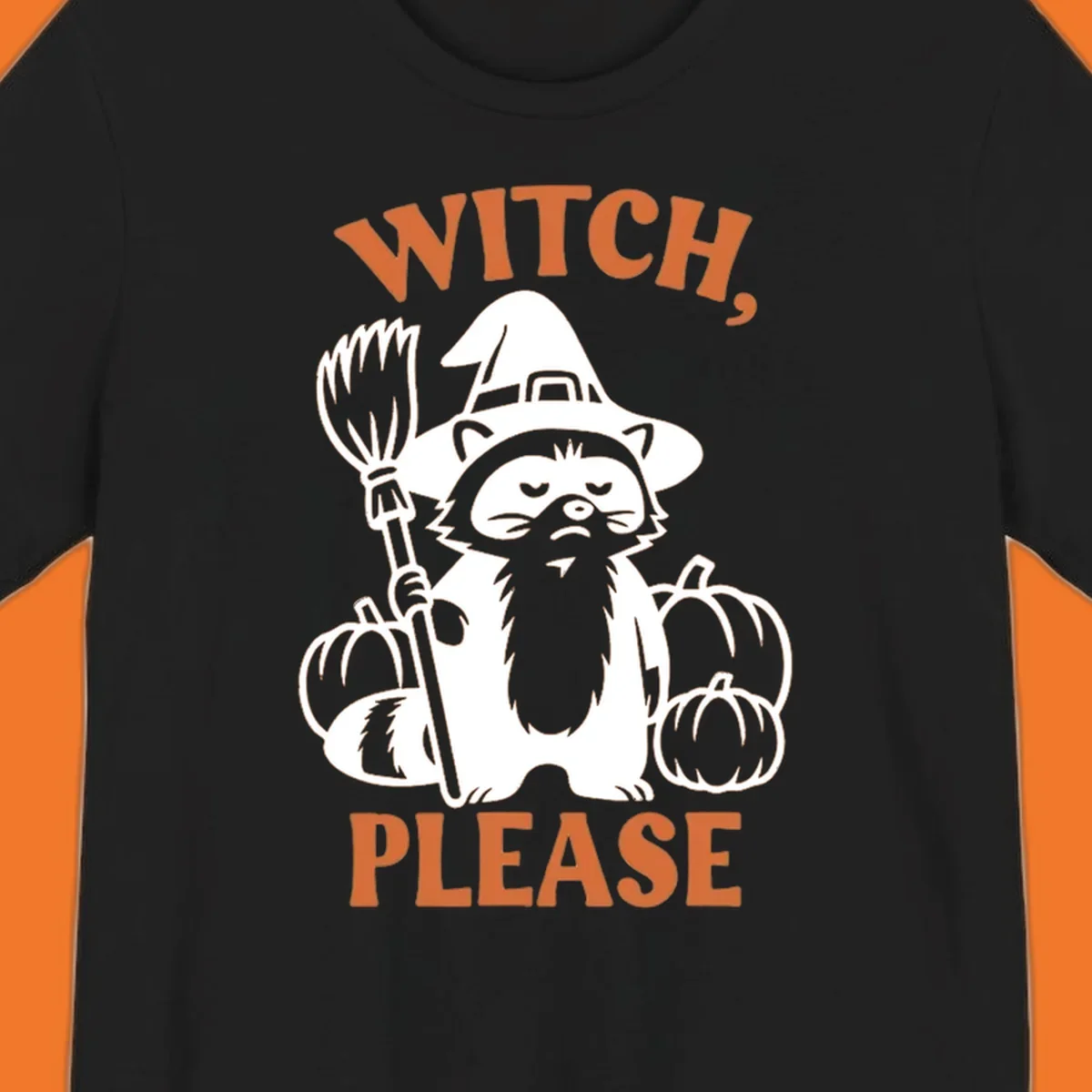 Witch, Please Raccoon Halloween design with a grumpy raccoon witch, broom, and pumpkins.