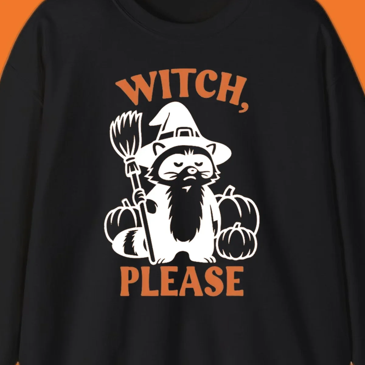 Witch, Please Raccoon Halloween design with a grumpy raccoon witch, broom, and pumpkins.