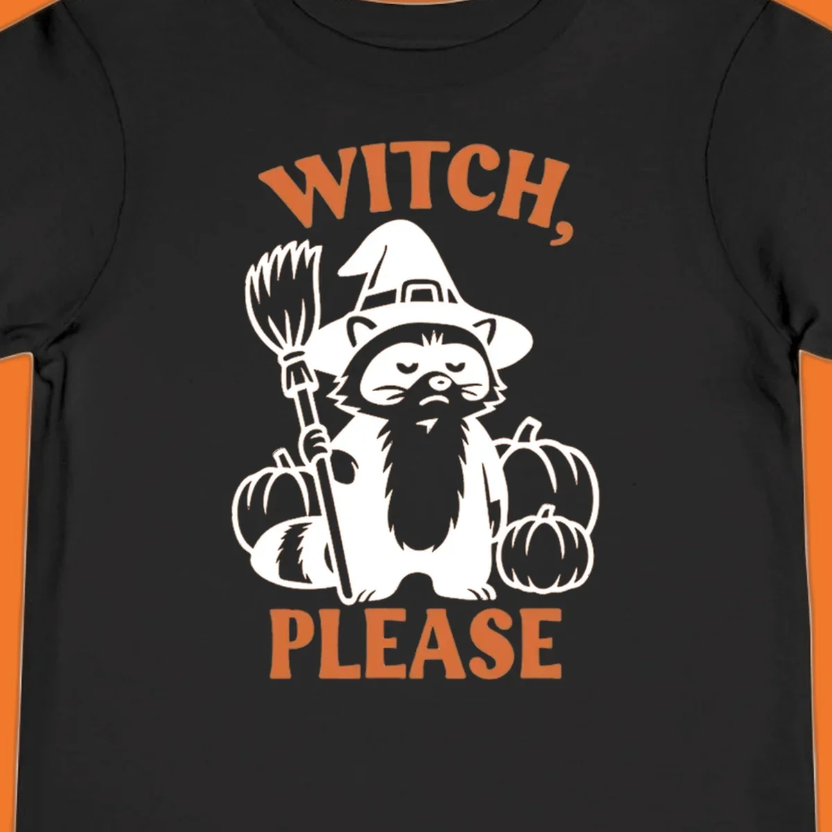 Witch, Please Raccoon Halloween design with a grumpy raccoon witch, broom, and pumpkins.