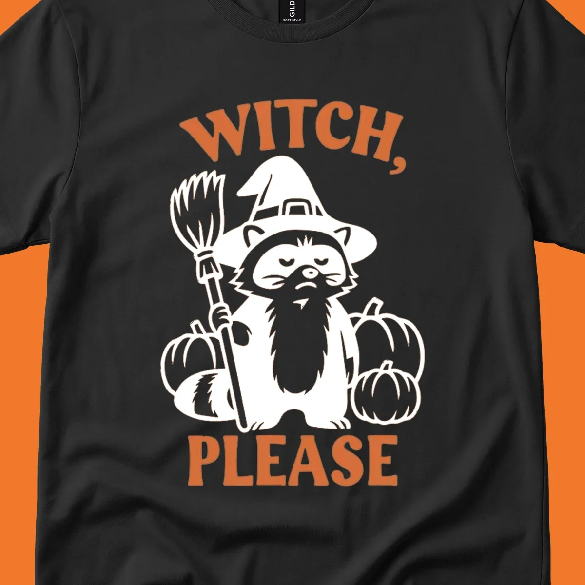 Witch, Please Raccoon Halloween design with a grumpy raccoon witch, broom, and pumpkins.