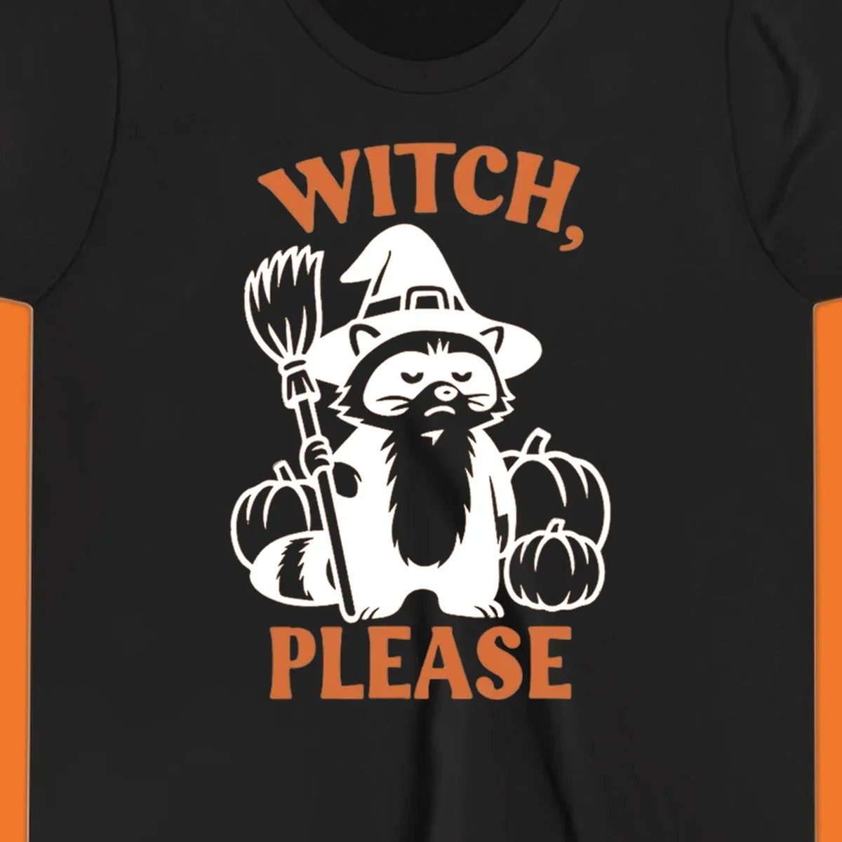 Witch, Please Raccoon Halloween design with a grumpy raccoon witch, broom, and pumpkins.
