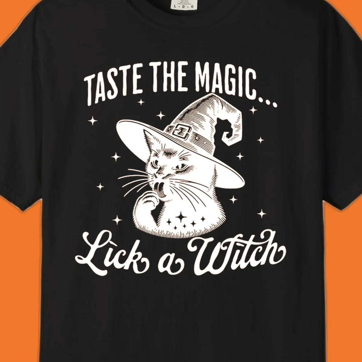 Illustration of a witch cat with text 'Taste The Magic... Lick a Witch', featuring the lick-a-witch-cat concept.